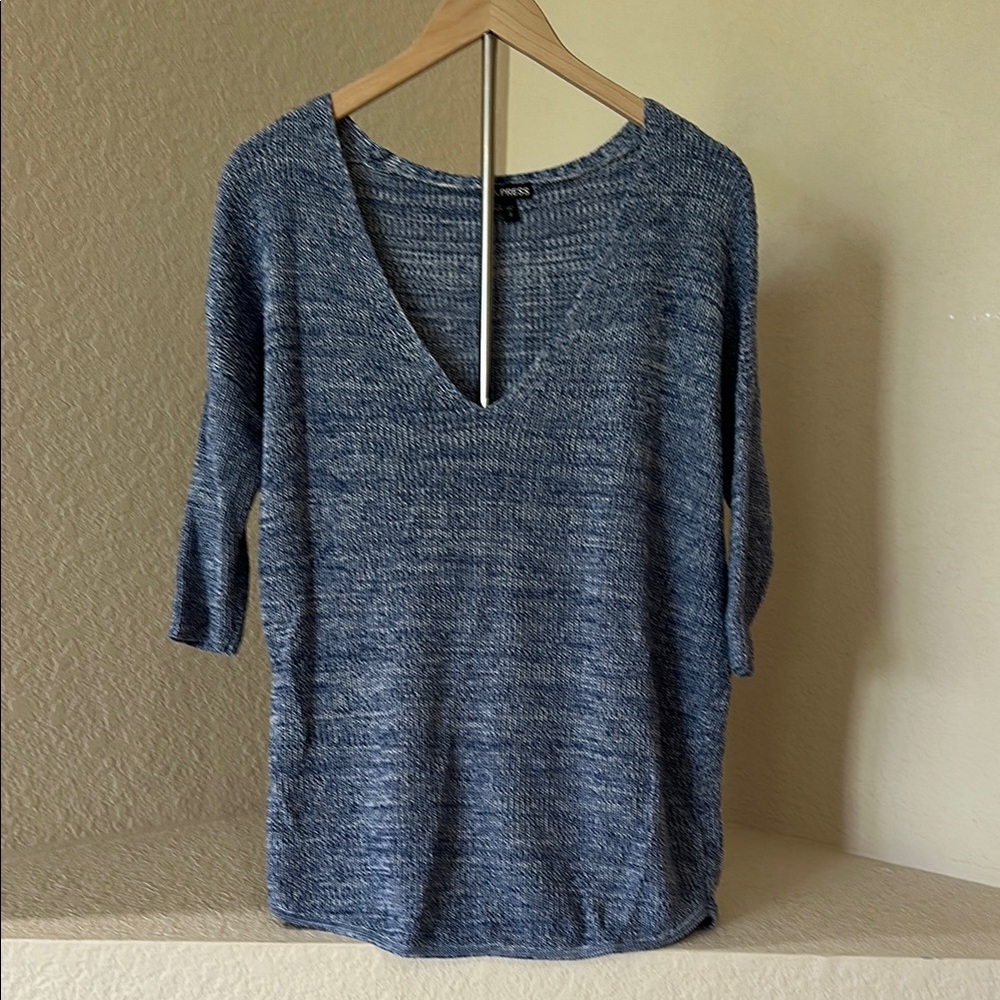 Express Blue Marled Knit Deep V-Neck Sweater - Size S